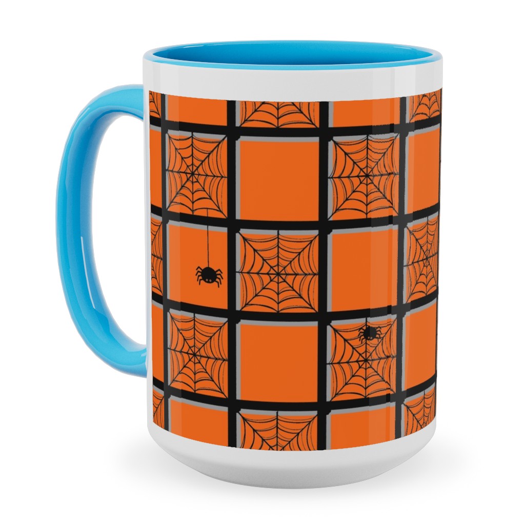 Orange Plaid Spider Webs Ceramic Mug, Light Blue, , 15oz, Orange, Orange