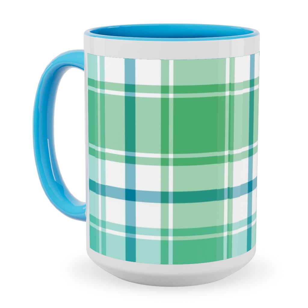 Blue, Green, Turquoise, and White Plaid Ceramic Mug, Light Blue, , 15oz, Green, Classic Green