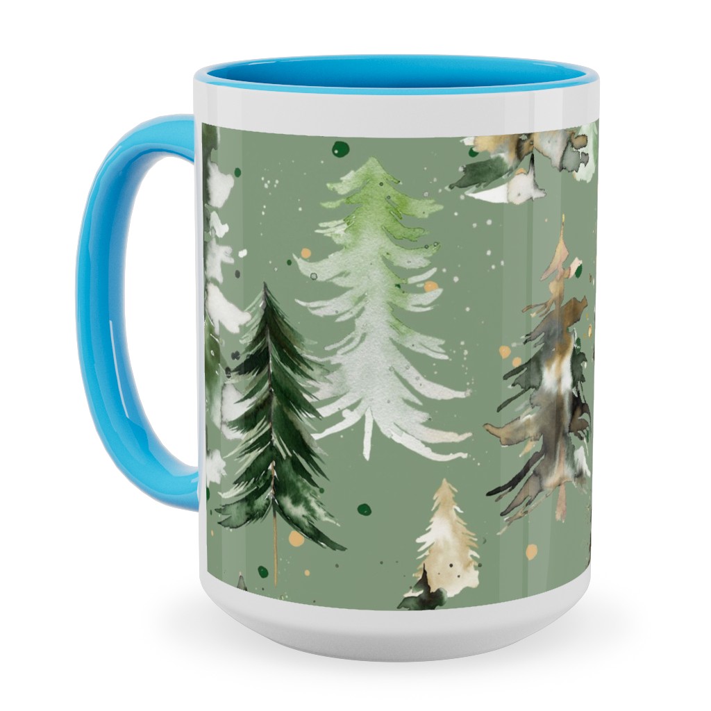 Watercolor Pines and Spruces Christmas - Green Ceramic Mug, Light Blue, , 15oz, Green, Classic Green