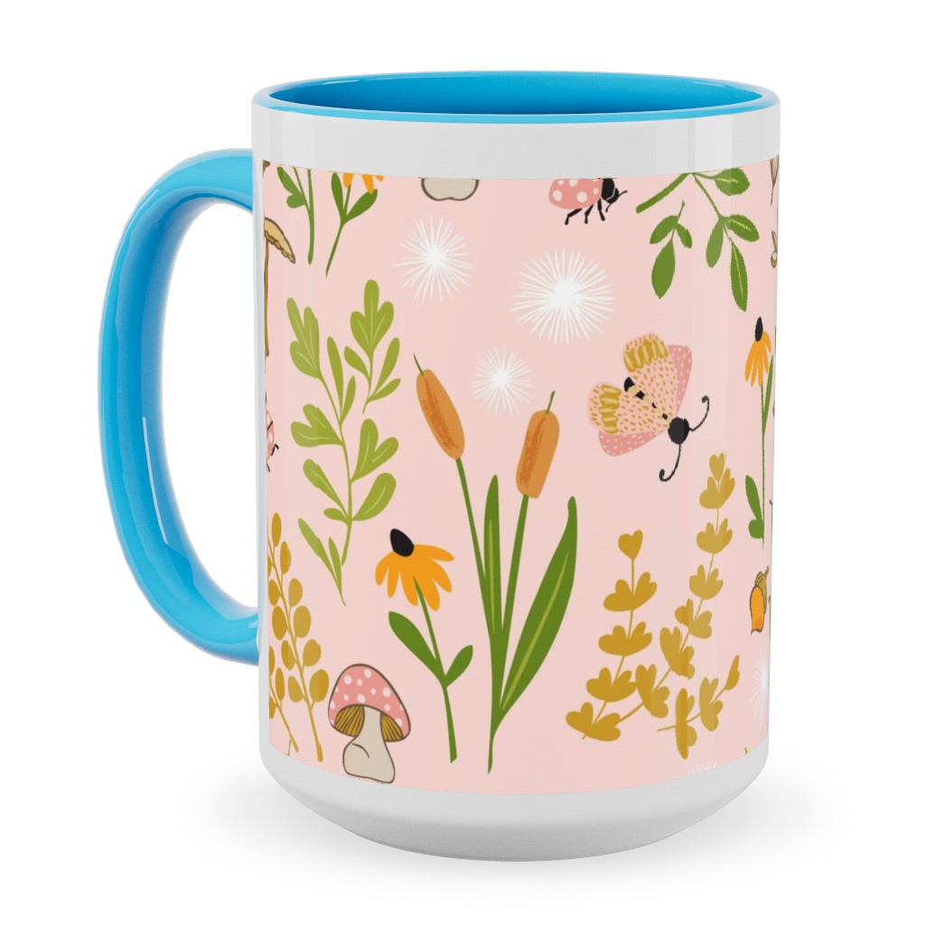 Autumn Meadow Ceramic Mug, Light Blue, , 15oz, Pink, Bright Pink