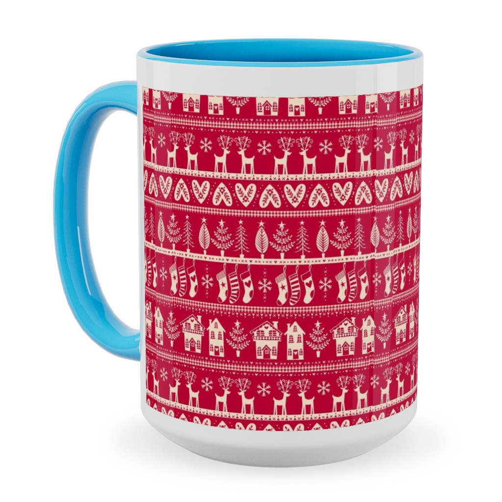 Nordic Vintage Christmas Ceramic Mug, Light Blue,  , 15oz, Red