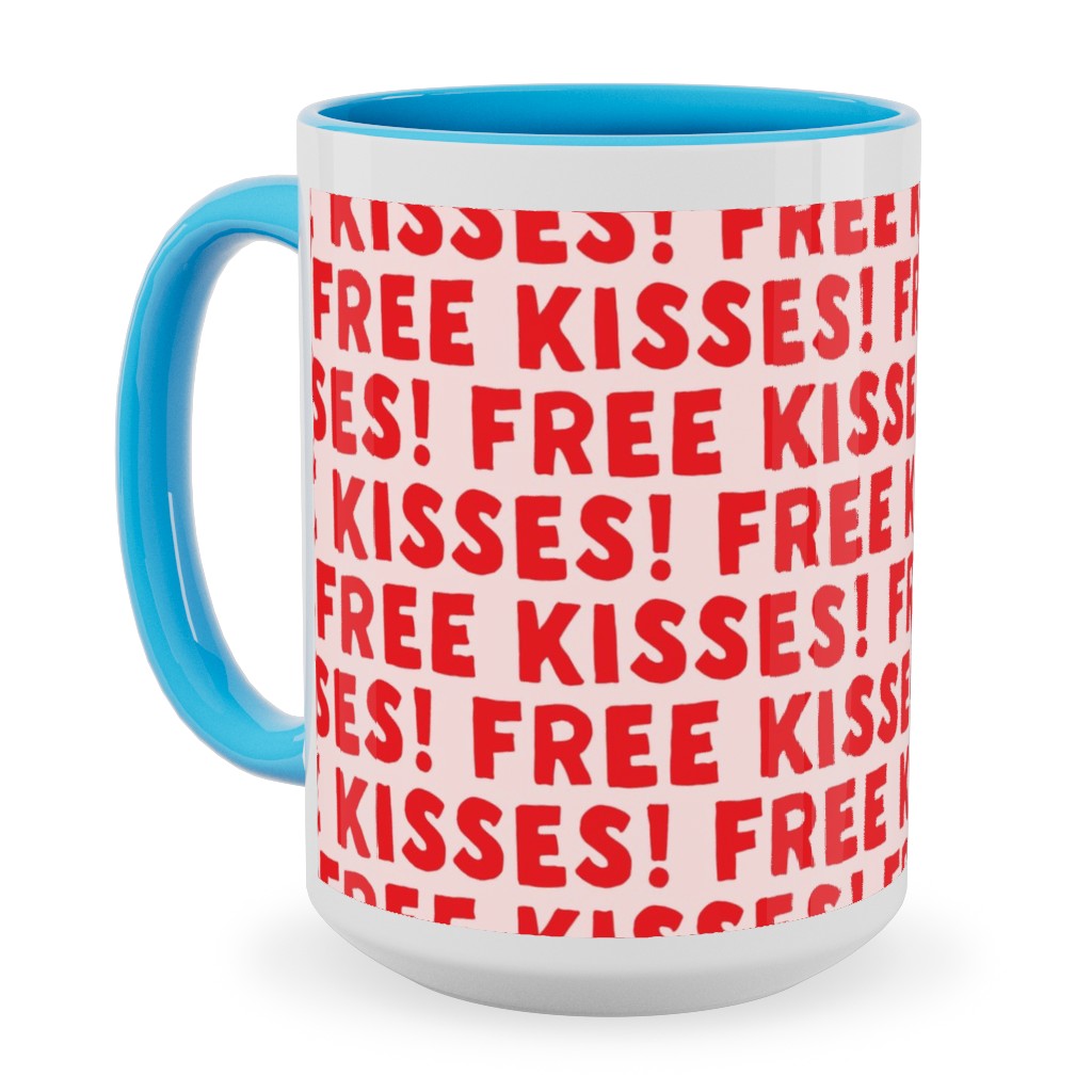 Free Kisses! - Red on Pink Ceramic Mug, Light Blue,  , 15oz, Red