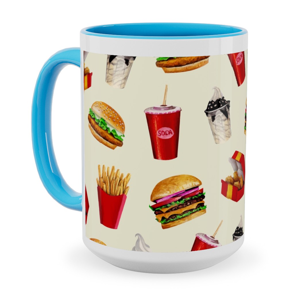 Fast Food Burgers Fries and Sundaes - Multicolor Ceramic Mug, Light Blue,  , 15oz, Multicolor