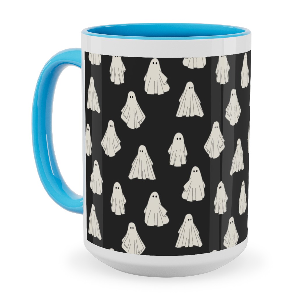 Spooky Halloween Vintage Ghosts - White on Black Ceramic Mug, Light Blue,  , 15oz, Black