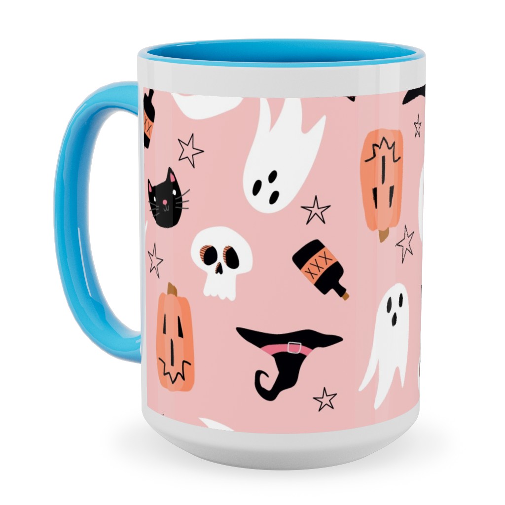 Sweet Halloween Pumpkin, Witch, Ghost, Cat Ceramic Mug, Light Blue, , 15oz, Pink, Bright Pink