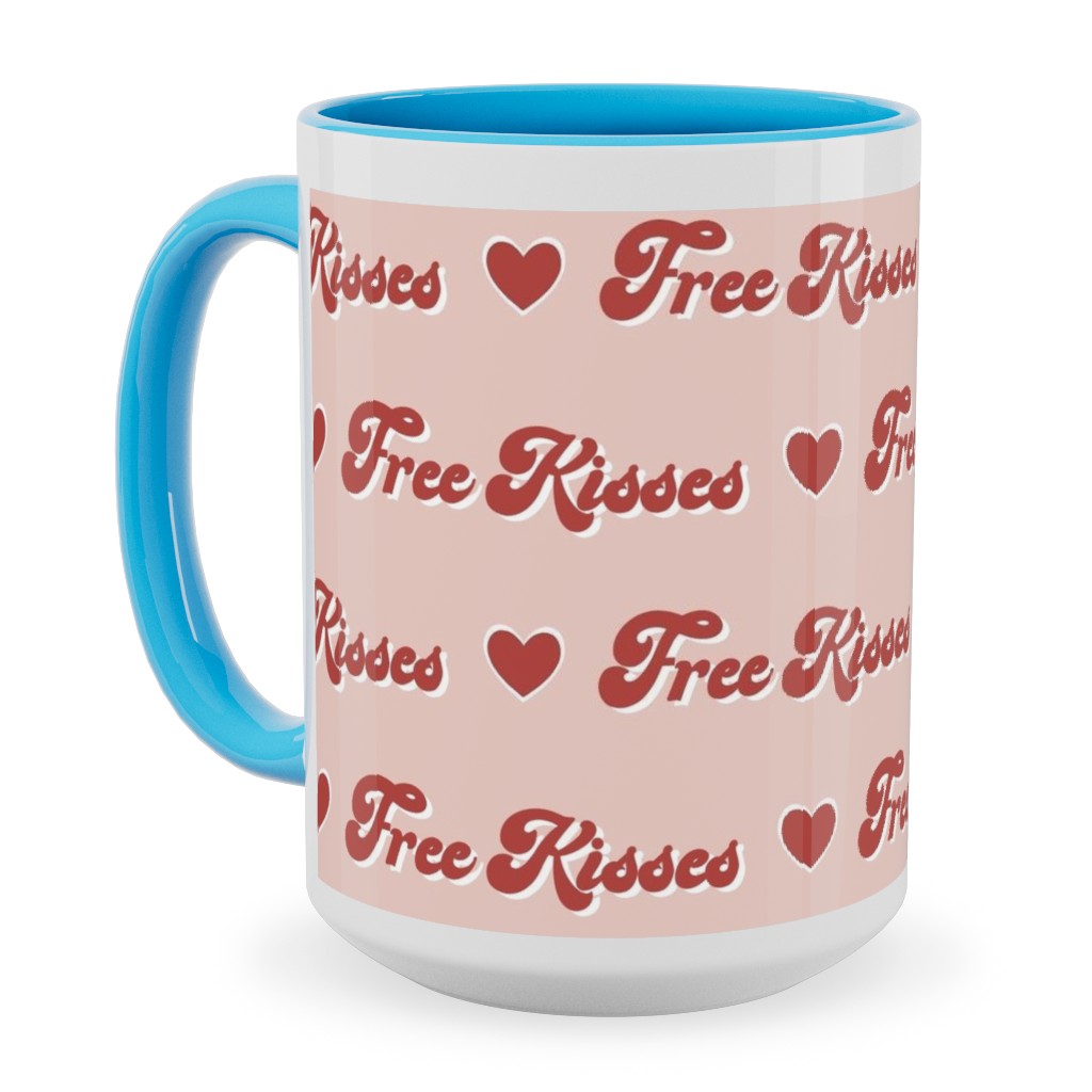 Free Kisses - Retro Hearts - Red on Pink Ceramic Mug, Light Blue, , 15oz, Pink, Bright Pink