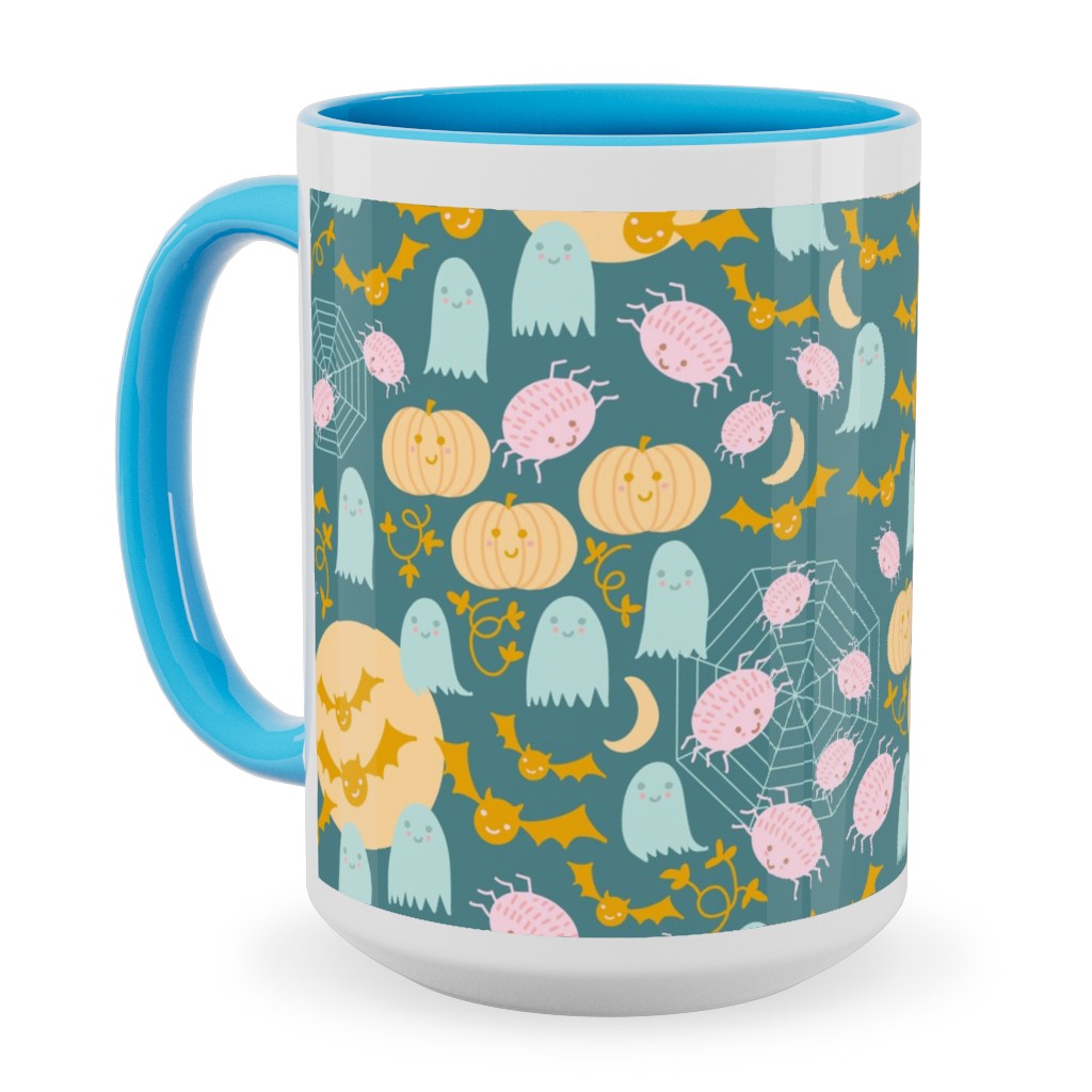 Cute Pastel Halloween Scene in Candy Colors - Pumpkin Ghost Spider Web Bat - Multi Ceramic Mug, Light Blue, , 15oz, Multicolor