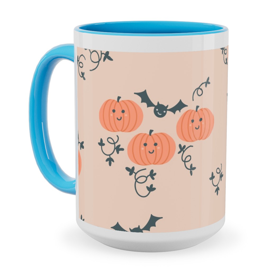 Cute Pumpkins and Bats - Orange and Black Ceramic Mug, Light Blue, , 15oz, Orange, Orange