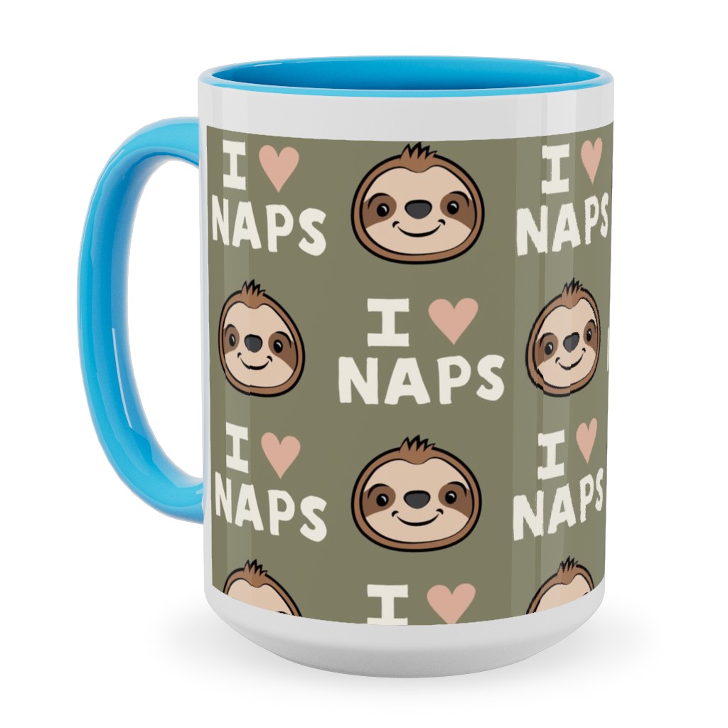 I Heart Naps - Cute Sloths - Olive Green Ceramic Mug, Light Blue,  , 15oz, Green