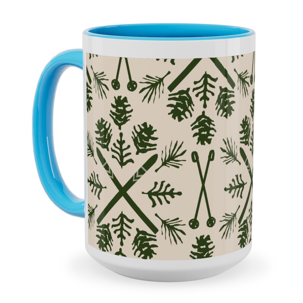 Winter Ski Season - Pine and Tan Ceramic Mug, Light Blue, , 15oz, Green, Classic Green
