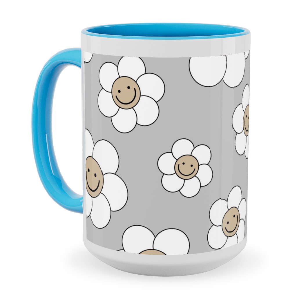 Sweet Smiling Daisies Ceramic Mug, Light Blue,  , 15oz, Gray