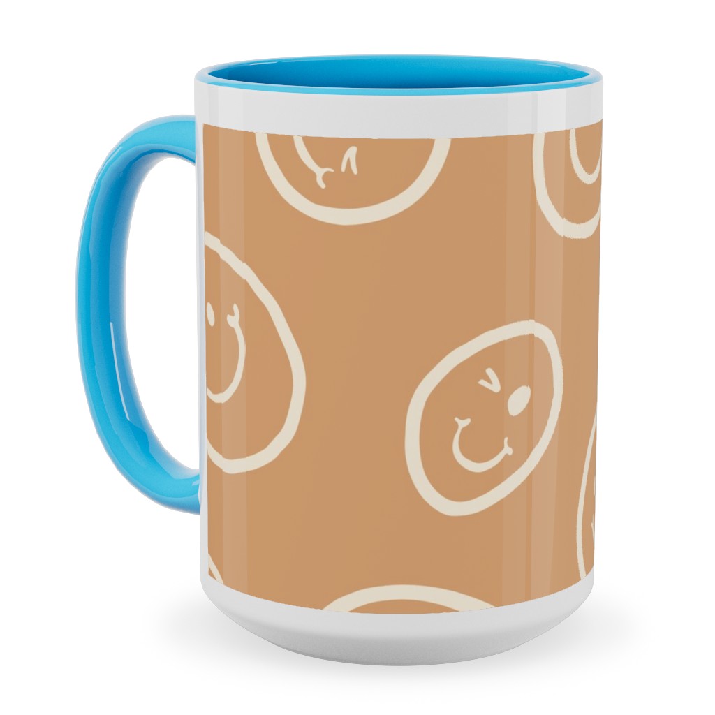 Smiley Winking Faces Ceramic Mug, Light Blue, , 15oz, Beige, Beige