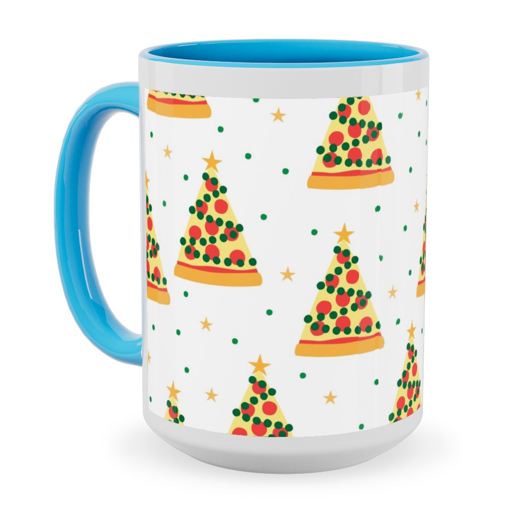 Pizza Christmas Trees - Multi on Light Ceramic Mug, Light Blue, , 15oz, Multicolor