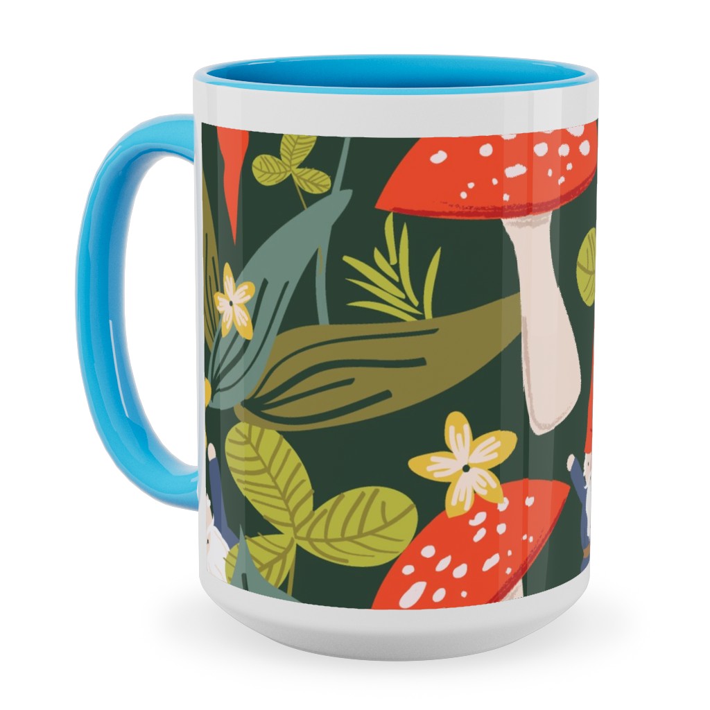 Woodland Gnomes & Mushrooms - Green Ceramic Mug, Light Blue, , 15oz, Green, Classic Green
