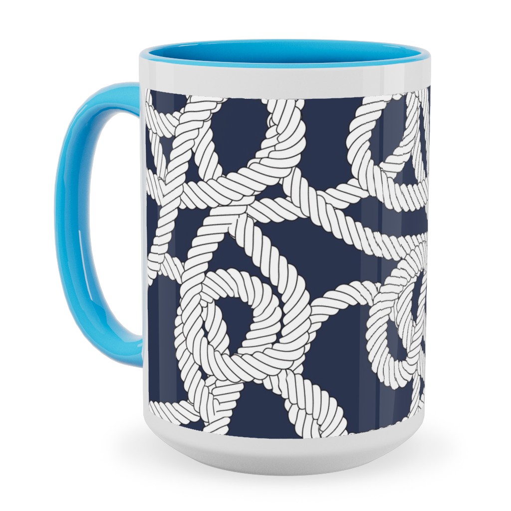 Nautical Rope Knots in Navy Ceramic Mug, Light Blue, , 15oz, Blue, True Blue