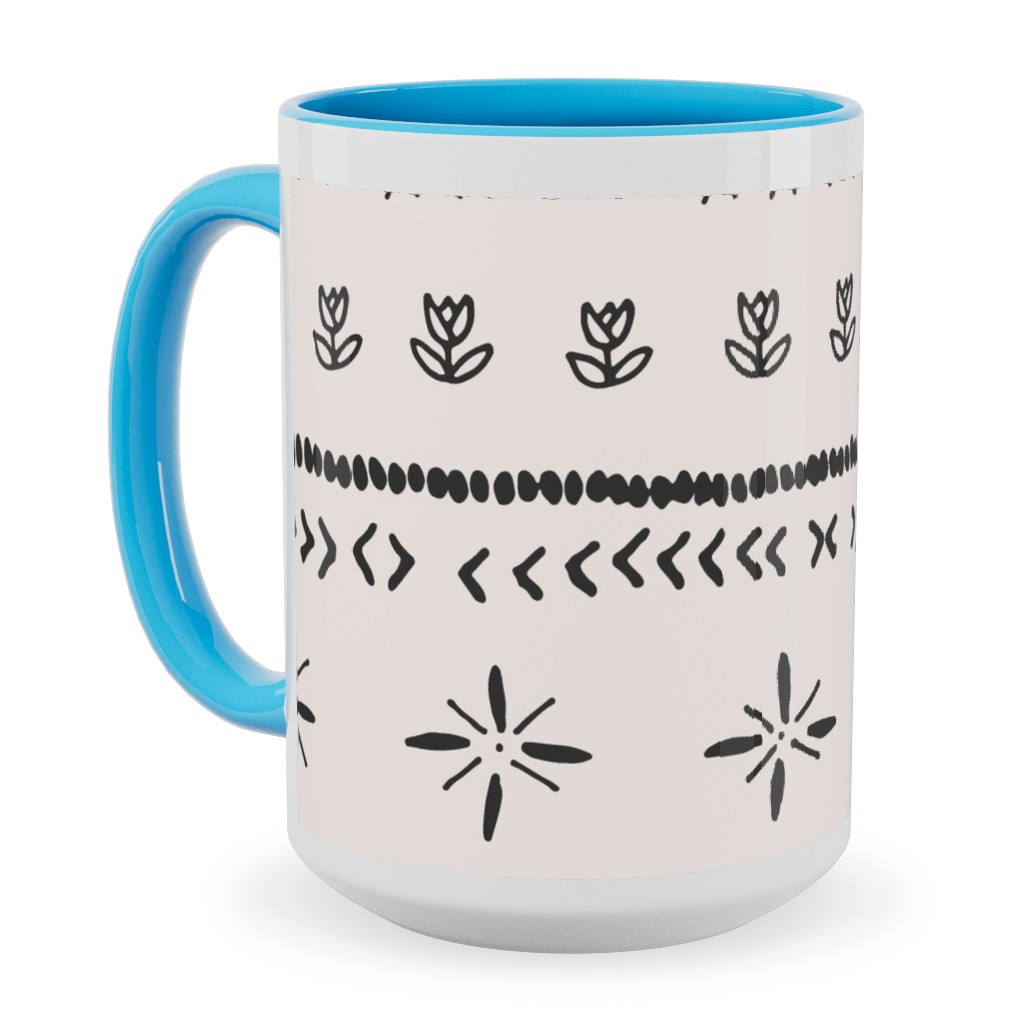 Boho Print Ceramic Mug, Light Blue, , 15oz, Beige, Silver Lining