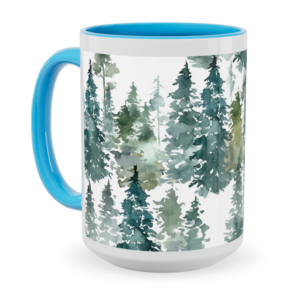 Woodland Trees Watercolor - White Ceramic Mug, Light Blue, , 15oz, Green, Classic Green