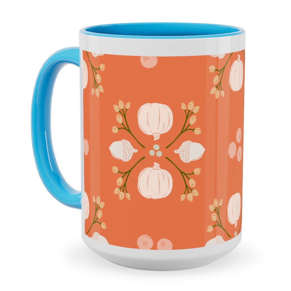 Bright Orange Acorn, Cranberry, & Pumpkin Fall Foliage Damask Ceramic Mug, Light Blue,  , 15oz, Orange