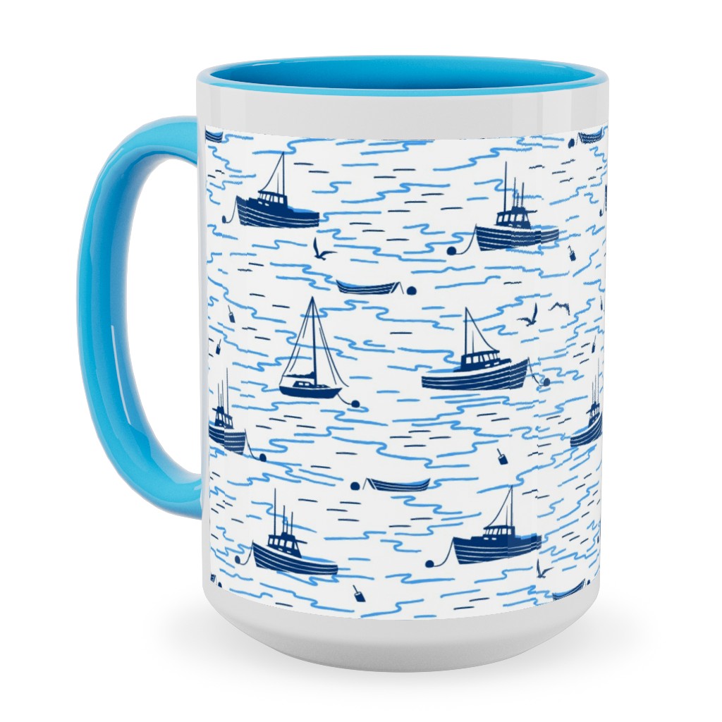 Harbor Boats - White Ceramic Mug, Light Blue, , 15oz, Blue, True Blue