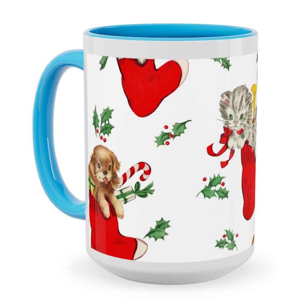 Vintage Christmas Kittens and Puppies Ceramic Mug, Light Blue,  , 15oz, Multicolor