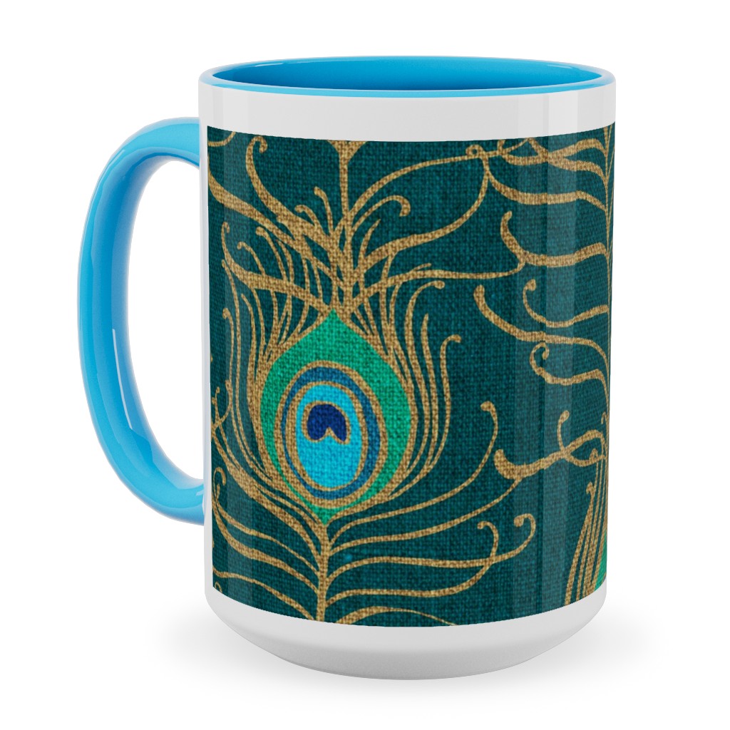 Peacock Feather Nouveau - Emerald Ceramic Mug, Light Blue,  , 15oz, Green