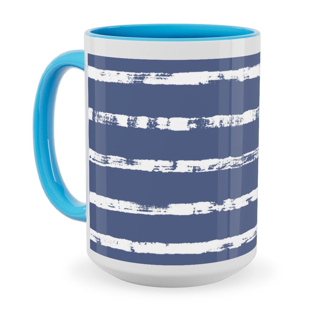 Distressed Dusty Blue and White Stripes Ceramic Mug, Light Blue, , 15oz, Blue, True Blue