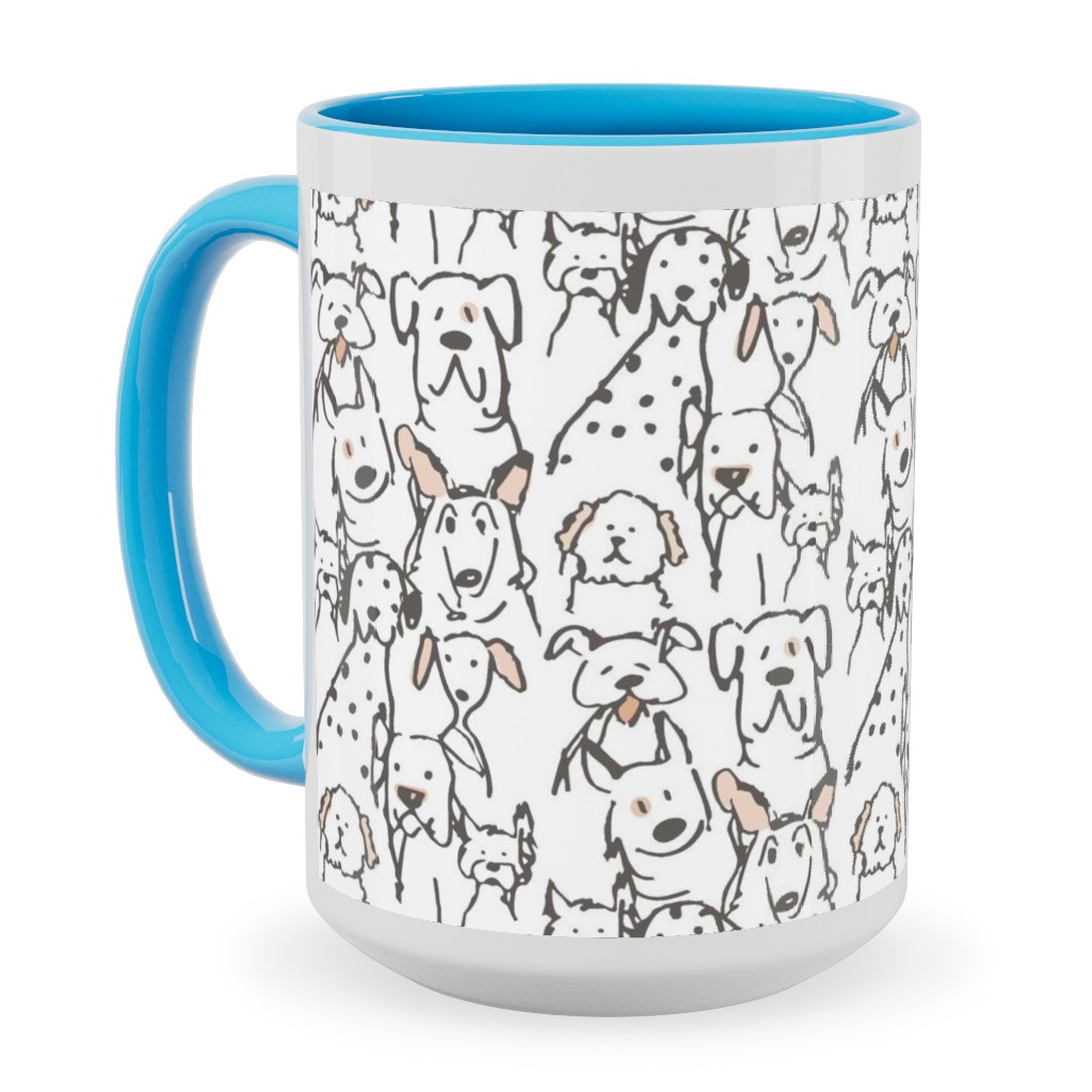 Peach Pop Doodle Dogs - Black and White Ceramic Mug, Light Blue, , 15oz, White, White