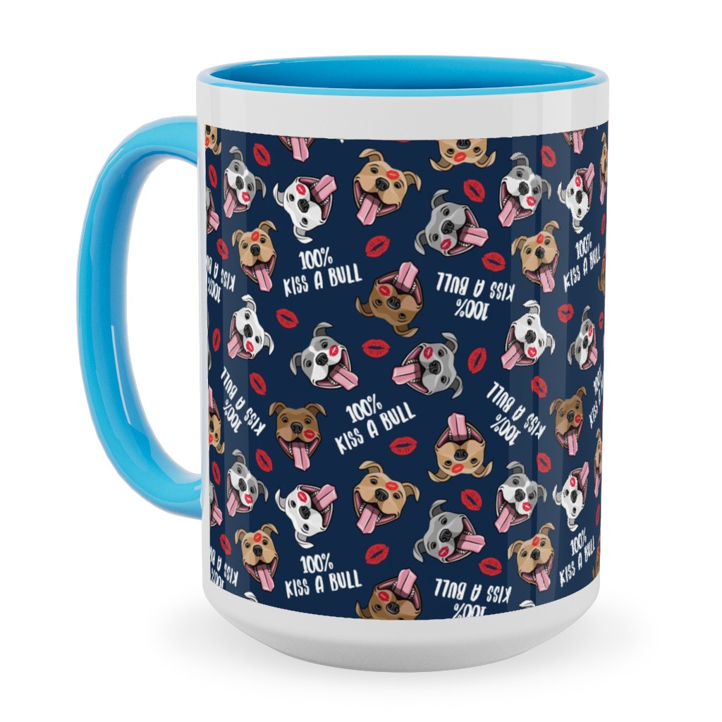 100% Kiss a Bull - Cute Pit Bull Dog - Red and Blue Ceramic Mug, Light Blue, , 15oz, Blue, True Blue