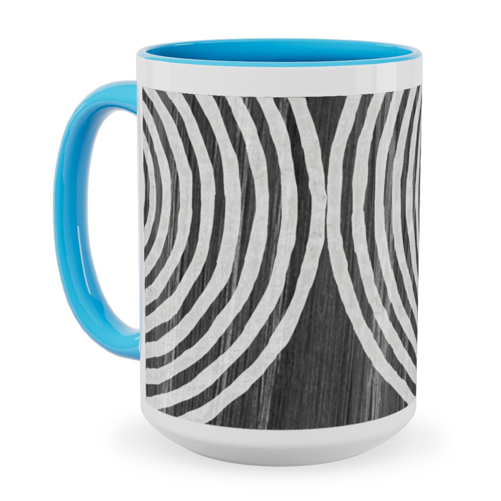 Boho Tribal Woodcut Geometric Shapes Ceramic Mug, Light Blue,  , 15oz, Black