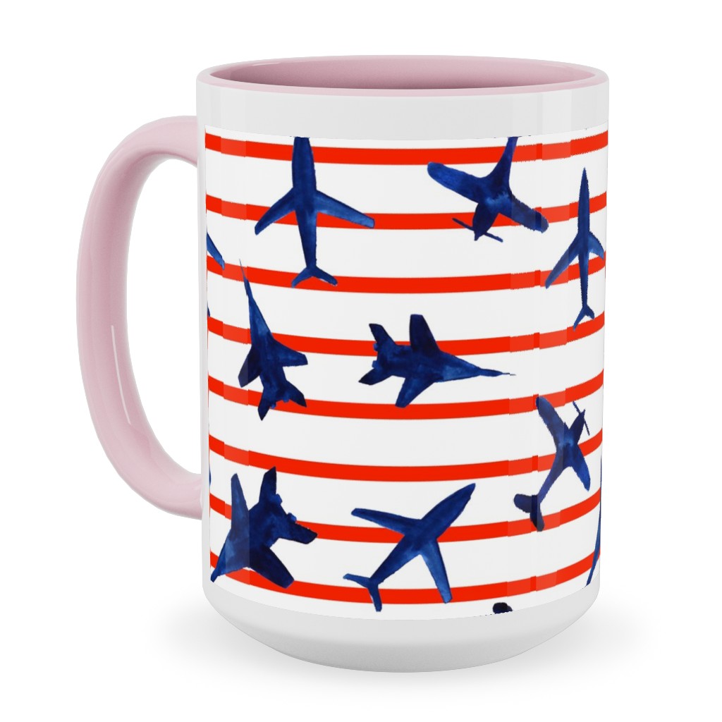 Patriotic Airplanes Watercolor - Blue With Red Stripes Ceramic Mug, Pink, , 15oz, Blue, True Blue