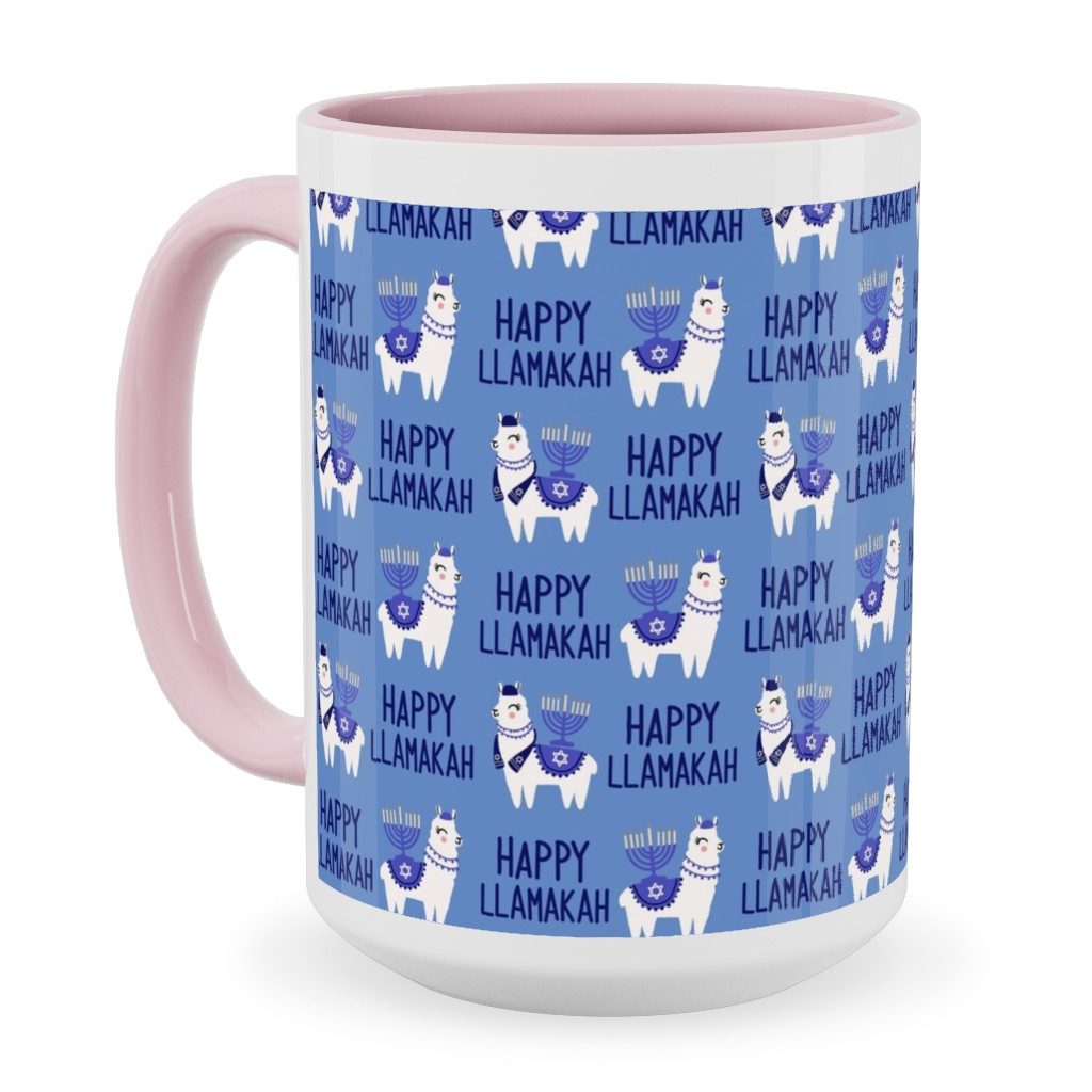 Happy Llamakah - Blue Ceramic Mug, Pink,  , 15oz, Blue