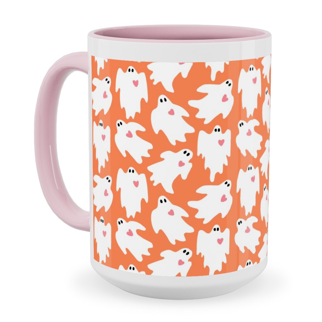 Halloween Ghosts With Hearts on Black Ceramic Mug, Pink, , 15oz, Orange, Orange