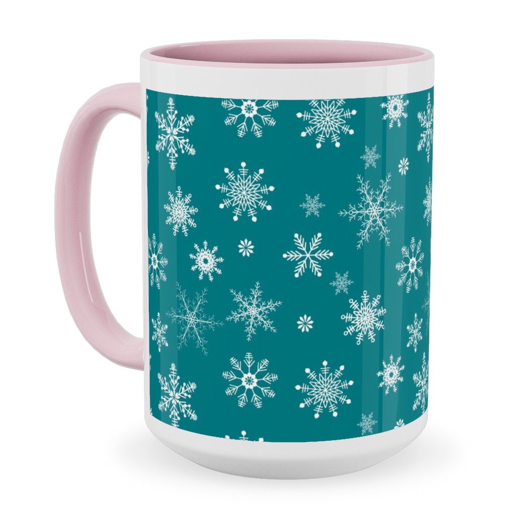 Snowflakes on Emerald Ceramic Mug, Pink, , 15oz, Green, Classic Green