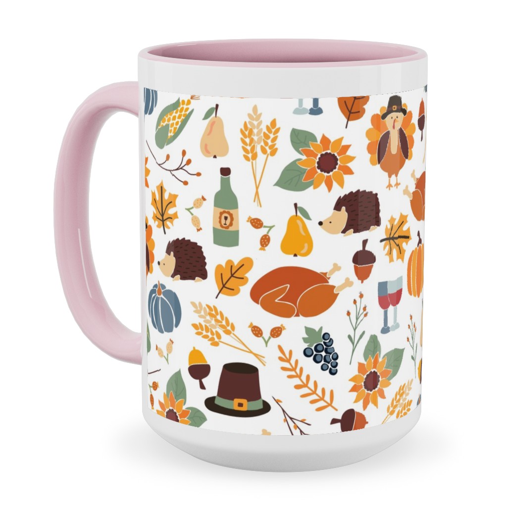 Thanksgiving Table Ceramic Mug, Pink, , 15oz, Multicolor, Nutmeg