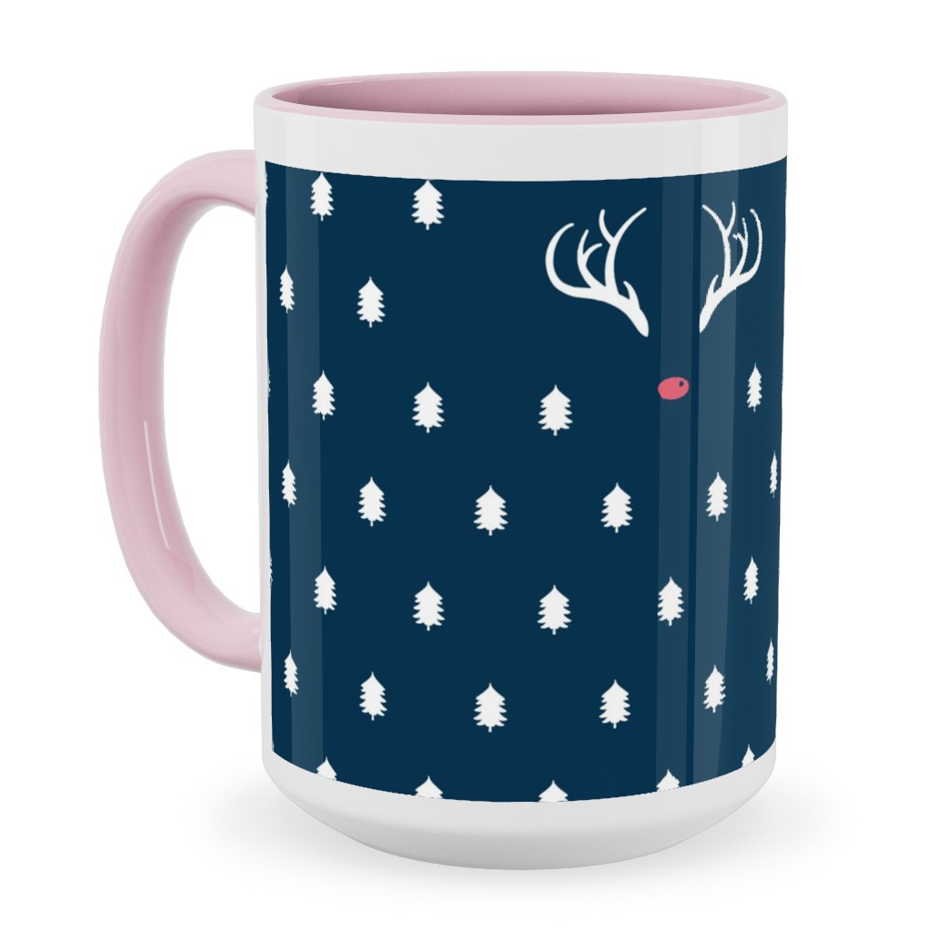 Modern Christmas Deer - Navy Ceramic Mug, Pink, , 15oz, Blue, True Blue