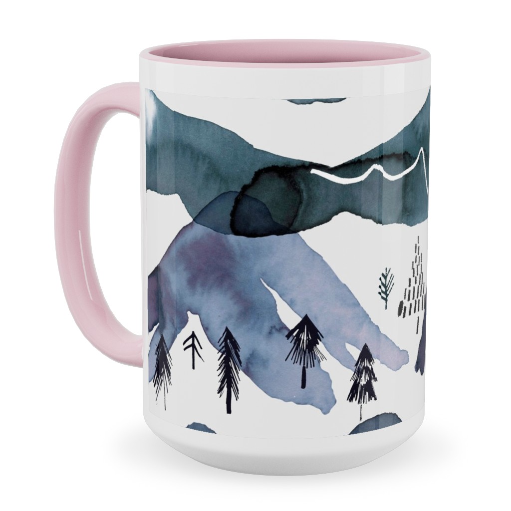 Watercolor Mountains Landscape - Blue Ceramic Mug, Pink, , 15oz, Blue, True Blue