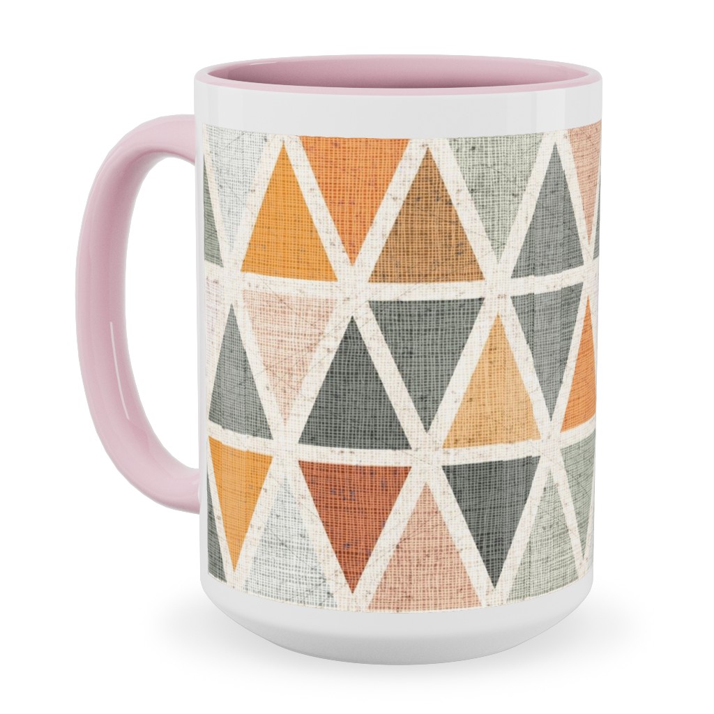 Triangles - Grey and Orange Ceramic Mug, Pink,  , 15oz, Multicolor