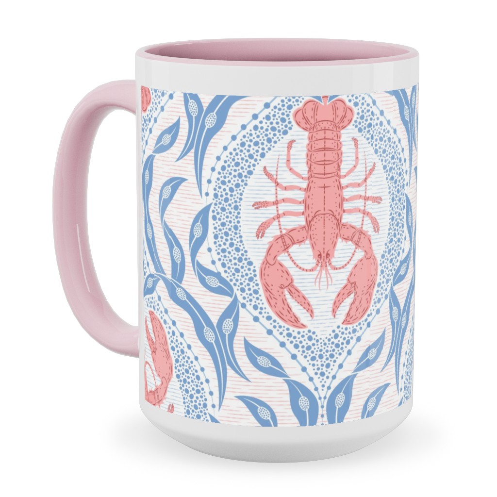 Lobster and Seaweed Nautical Damask - White, Coral Pink and Cornflower Blue Ceramic Mug, Pink, , 15oz, Blue, True Blue