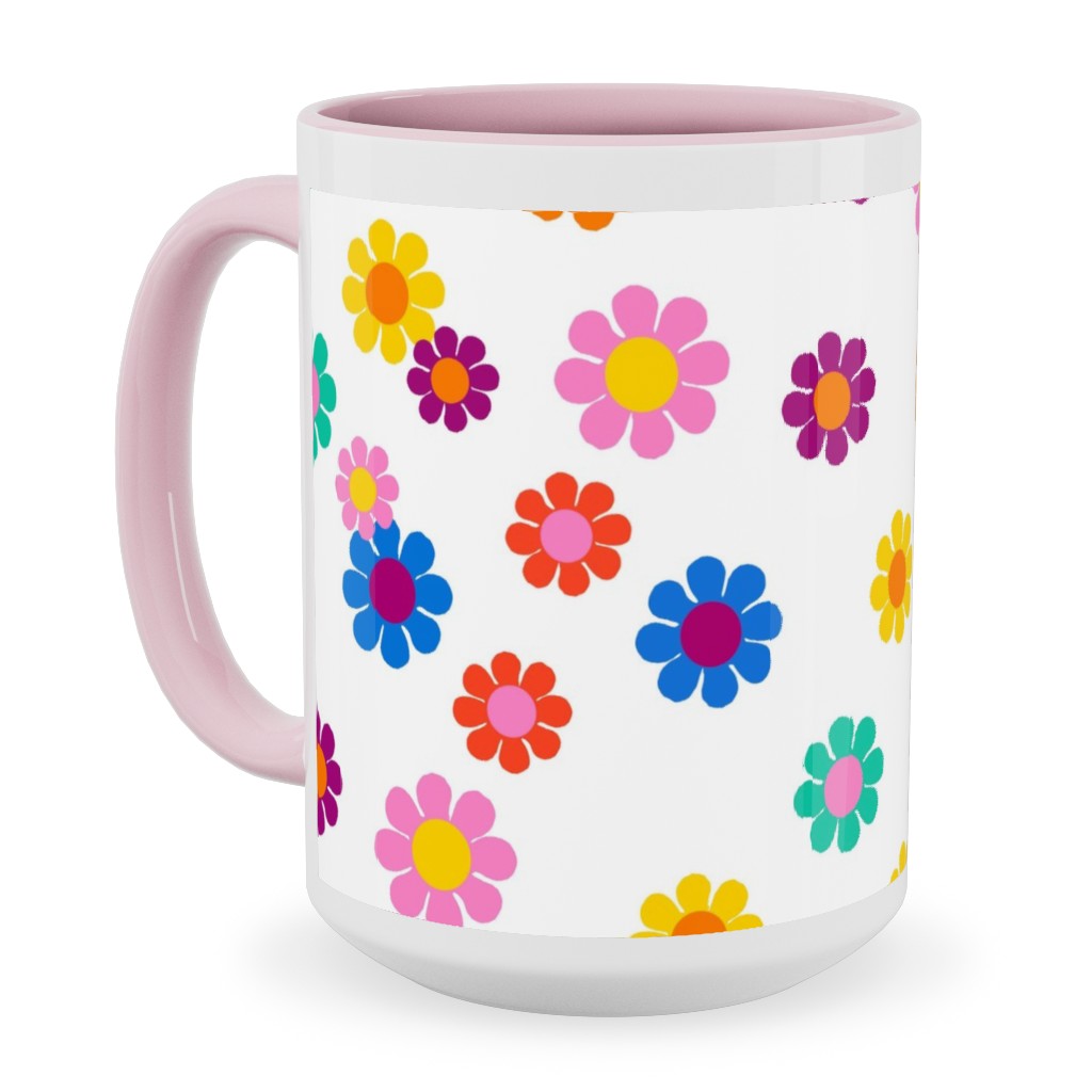 Rainbow Groovy Flowers Ceramic Mug, Pink, , 15oz, Multicolor, White