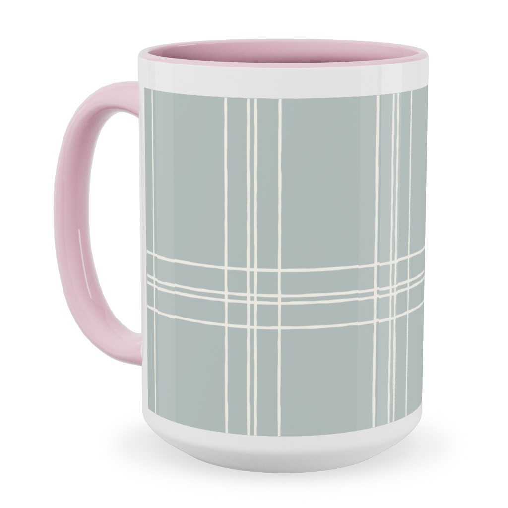 Lined Linens - Quad Plaid - Ivory, Blue Ceramic Mug, Pink,  , 15oz, Blue