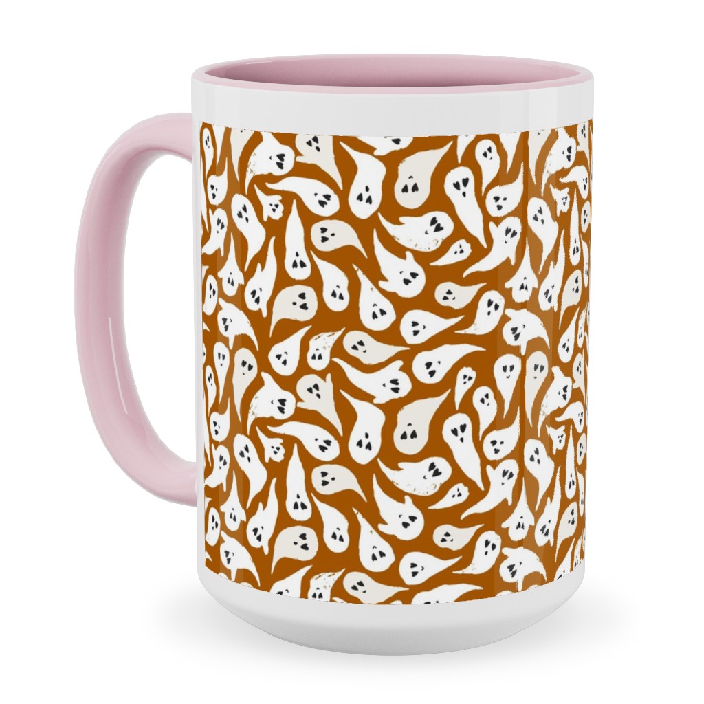 Halloween Ghosts on Dark Burnt Orange Ceramic Mug, Pink, , 15oz, Orange, Orange