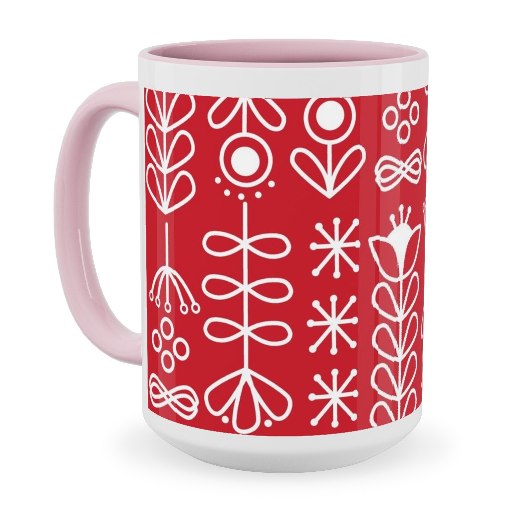 Red and White Nordic Mod Floral Ceramic Mug, Pink, , 15oz, Red, Red