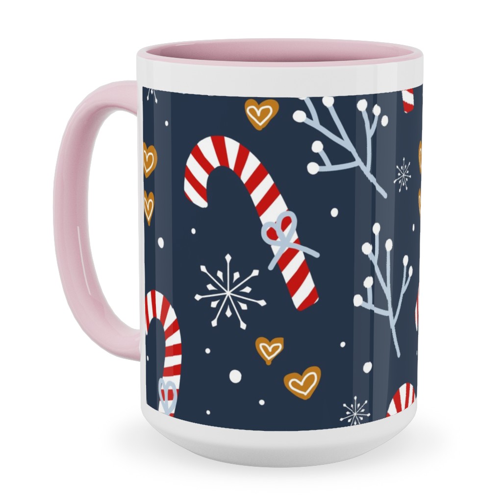 Candy Canes and Gingerbread Hearts Ceramic Mug, Pink,  , 15oz, Blue