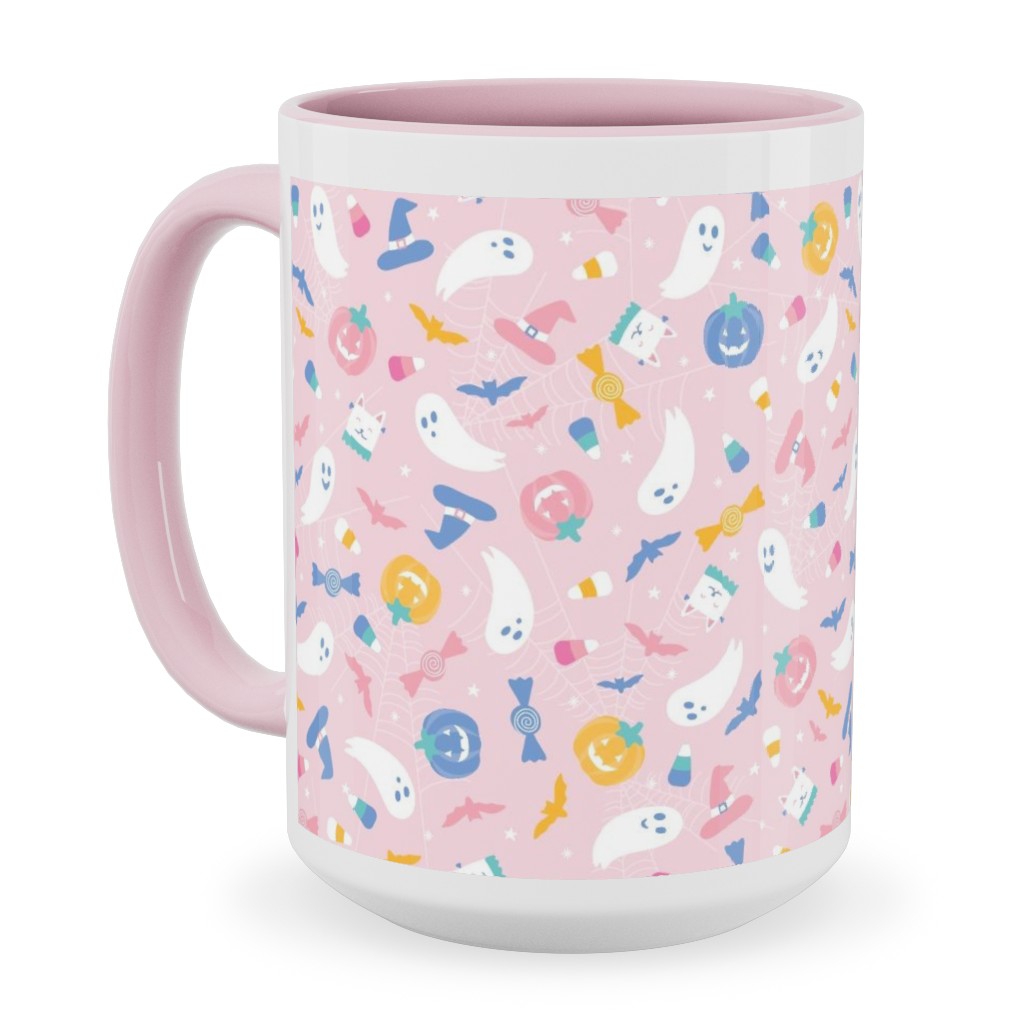 Pastel Halloween Happy Ghosts and Candy Corn Ceramic Mug, Pink,  , 15oz, Pink