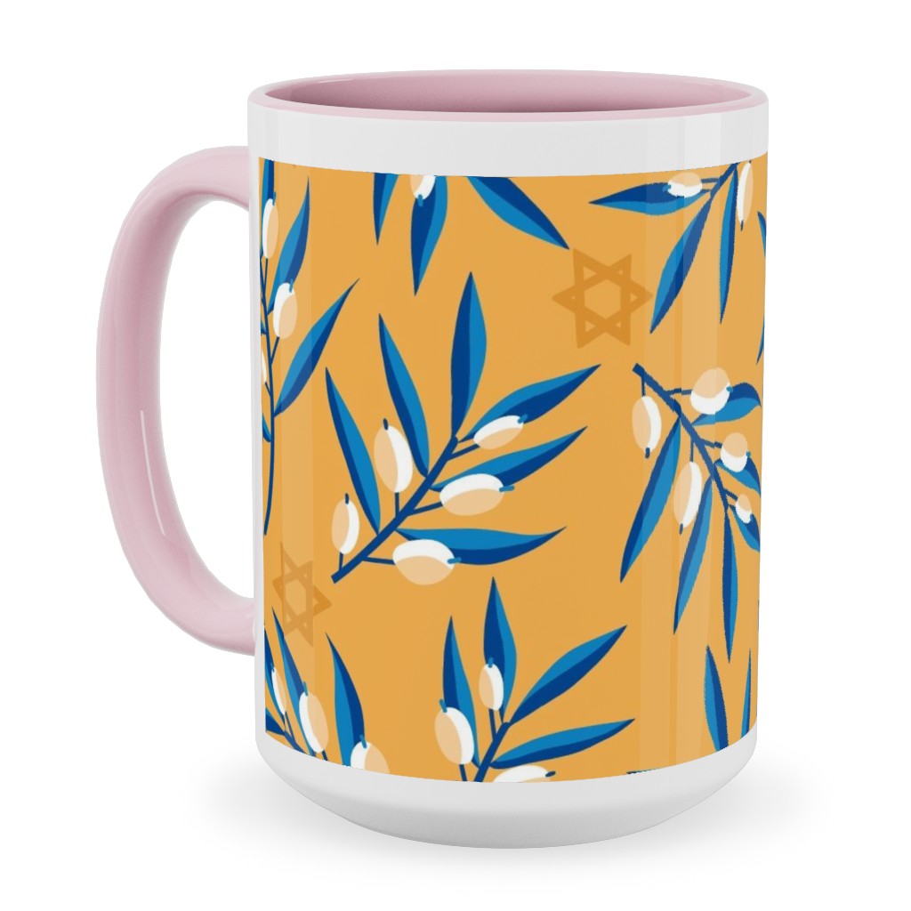 Olive Branches Hanukkah - Blue on Yellow Ceramic Mug, Pink,  , 15oz, Yellow