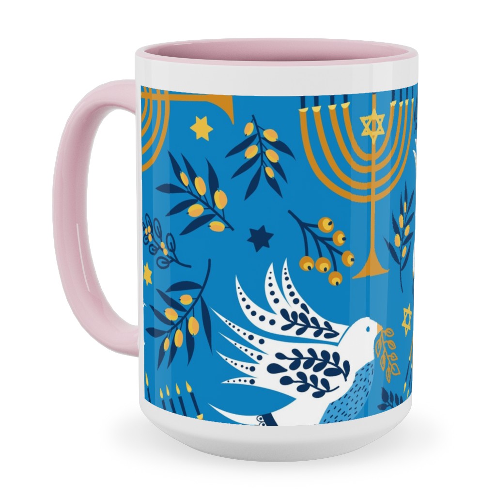 Hanukkah Birds Menorahs - Light Blue Ceramic Mug, Pink,  , 15oz, Blue