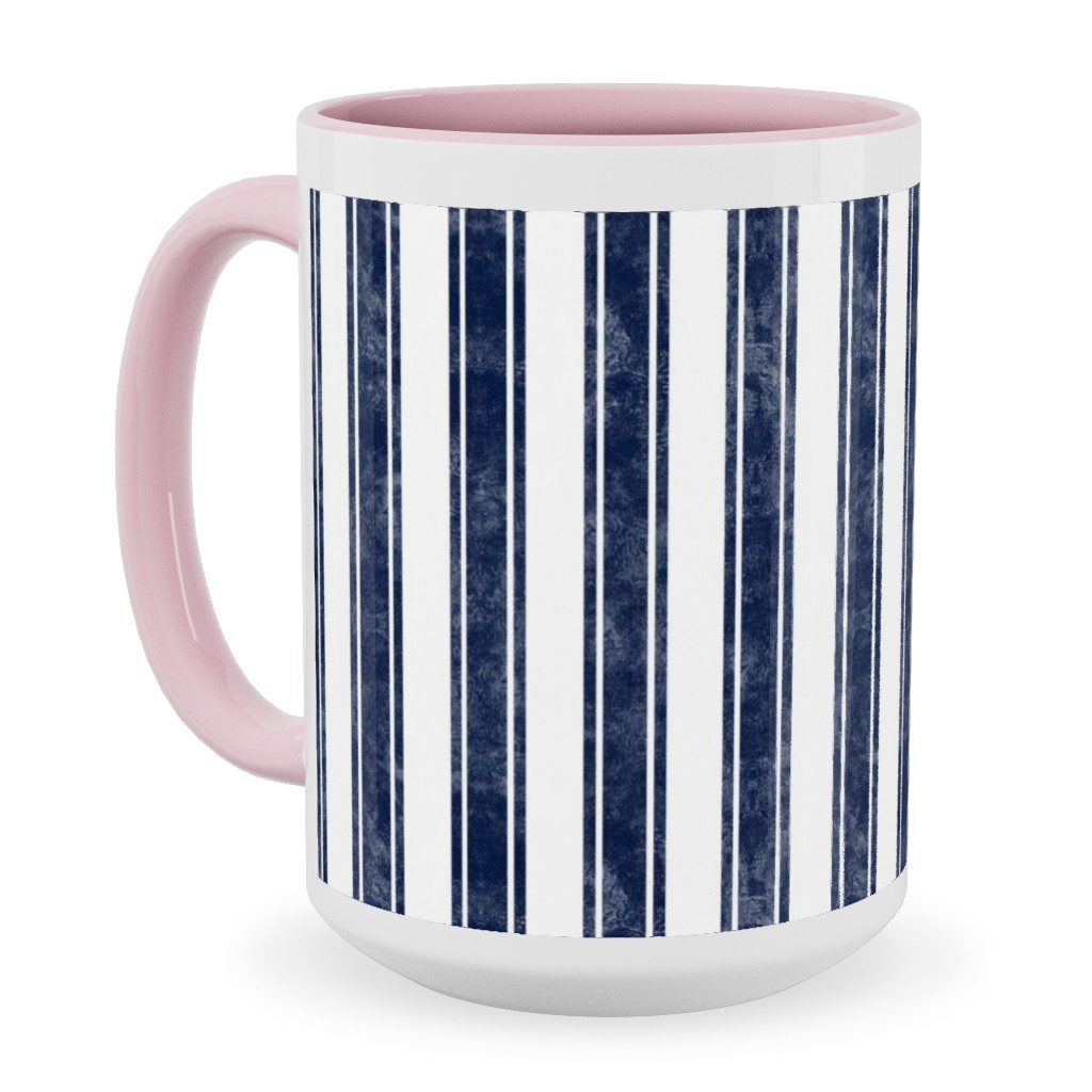 Vertical French Ticking Textured Pinstripes in Dark Midnight Navy and White Ceramic Mug, Pink, , 15oz, Blue, True Blue