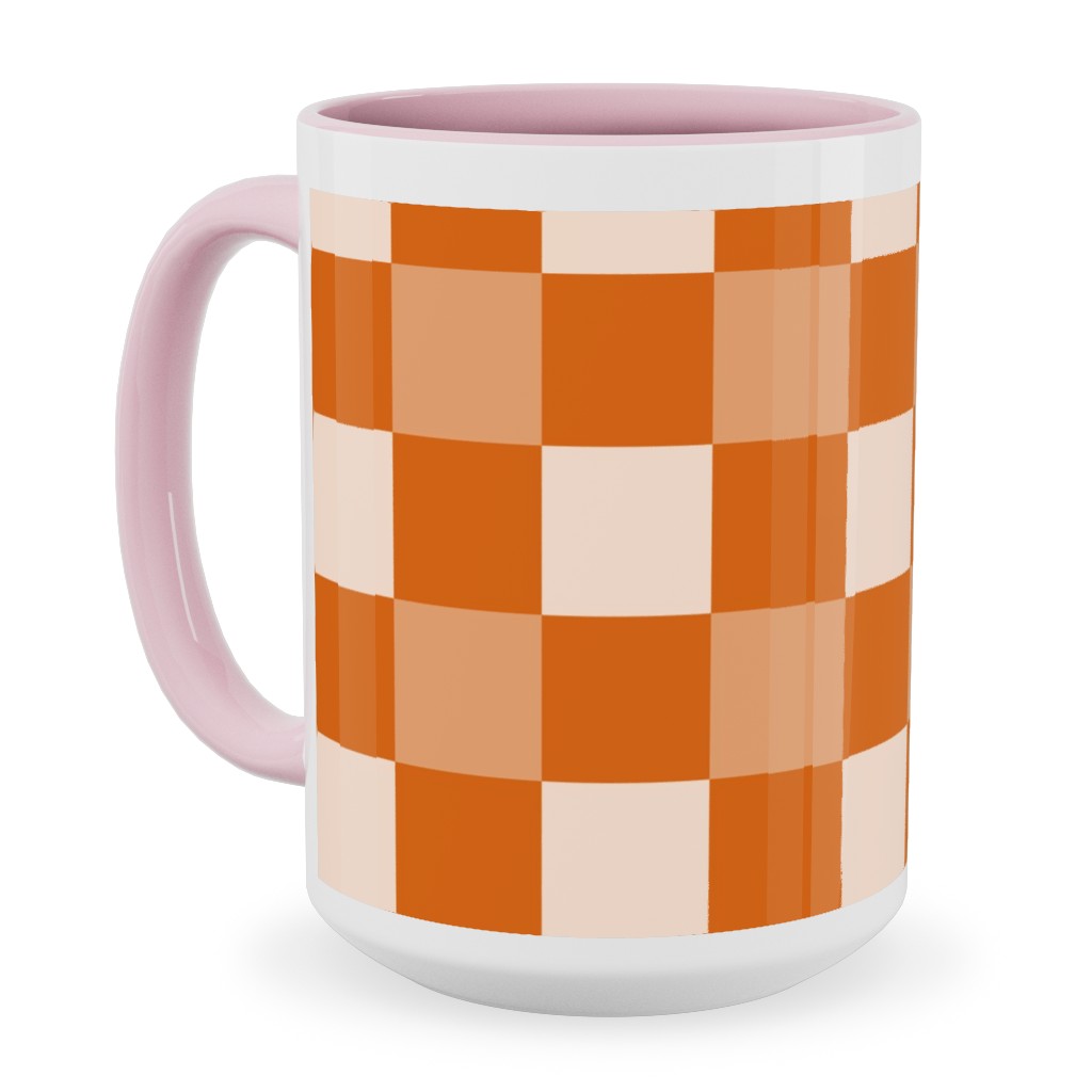 Orange Gingham Plaid Ceramic Mug, Pink, , 15oz, Orange, Orange