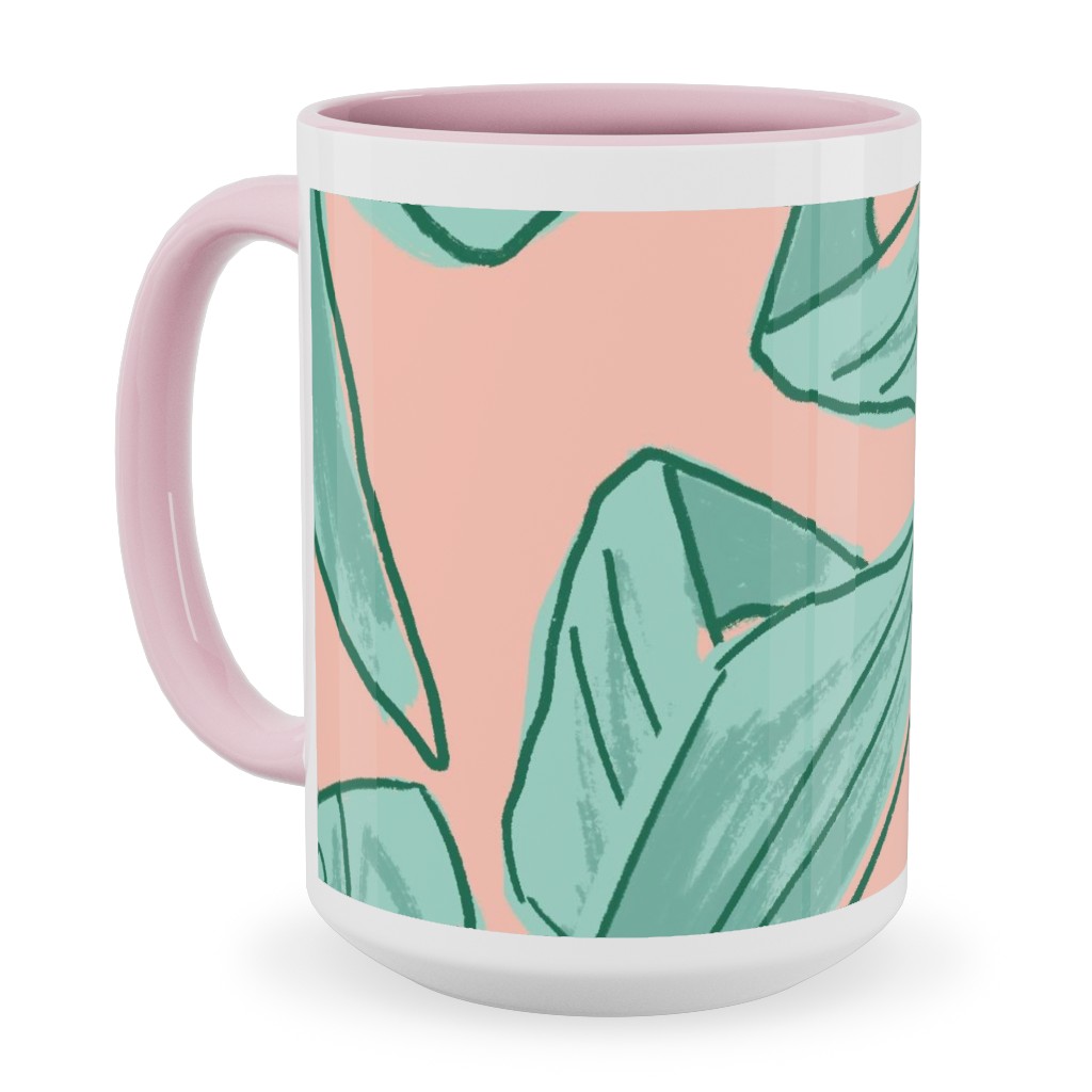 Lush Tropical Leaves - Pink and Mint Ceramic Mug, Pink, , 15oz, Green, Classic Green