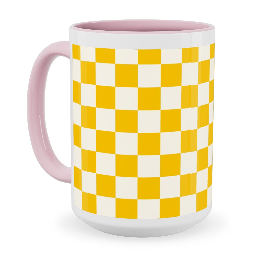 Checkered Pattern - Yellow Ceramic Mug, Pink,  , 15oz, Yellow